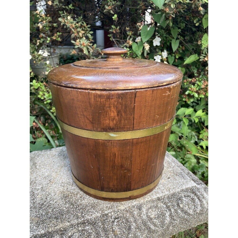 Vintage Farmhouse Wooden Firkin Barrel Ice Bucket w/ Brass Band & Bowl Liner - Picture 1 of 9